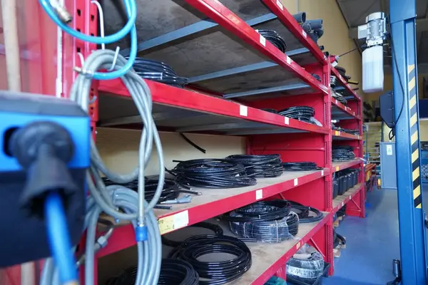 Regale mit Kabeln und Elektrozubehör in einer Werkstatt für Elektroinstallation.