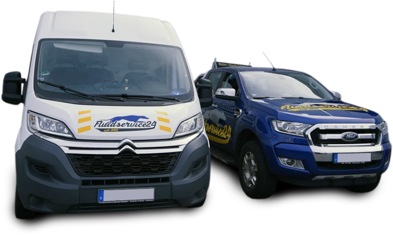 Zwei Servicefahrzeuge von Fluidservice24 mit Firmenlogo für mobilen Hydraulikservice.